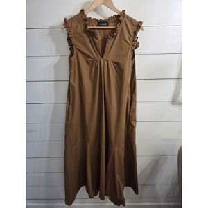Chepe Italy Maxi Dress Camel Brown Ruffle Neck Line Made In Italy SZ M